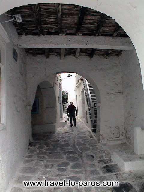PARIKIA PAROS - The streets to the traditional settlement are narrow, curved with paved paths.