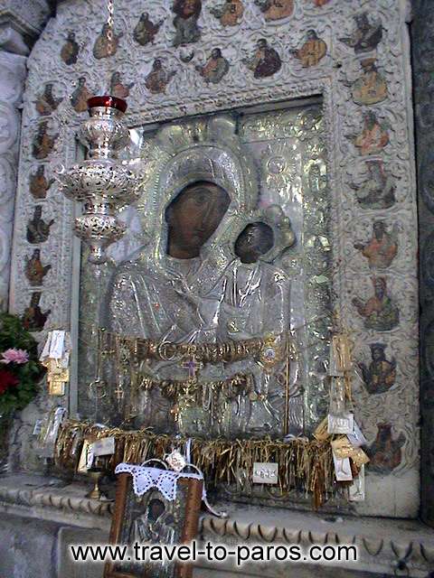 EKATONTAPYLIANI CHURCH - The picture of Virgin Mary that keeps in her hands the infant Jesus, is gilded and bejewelled.